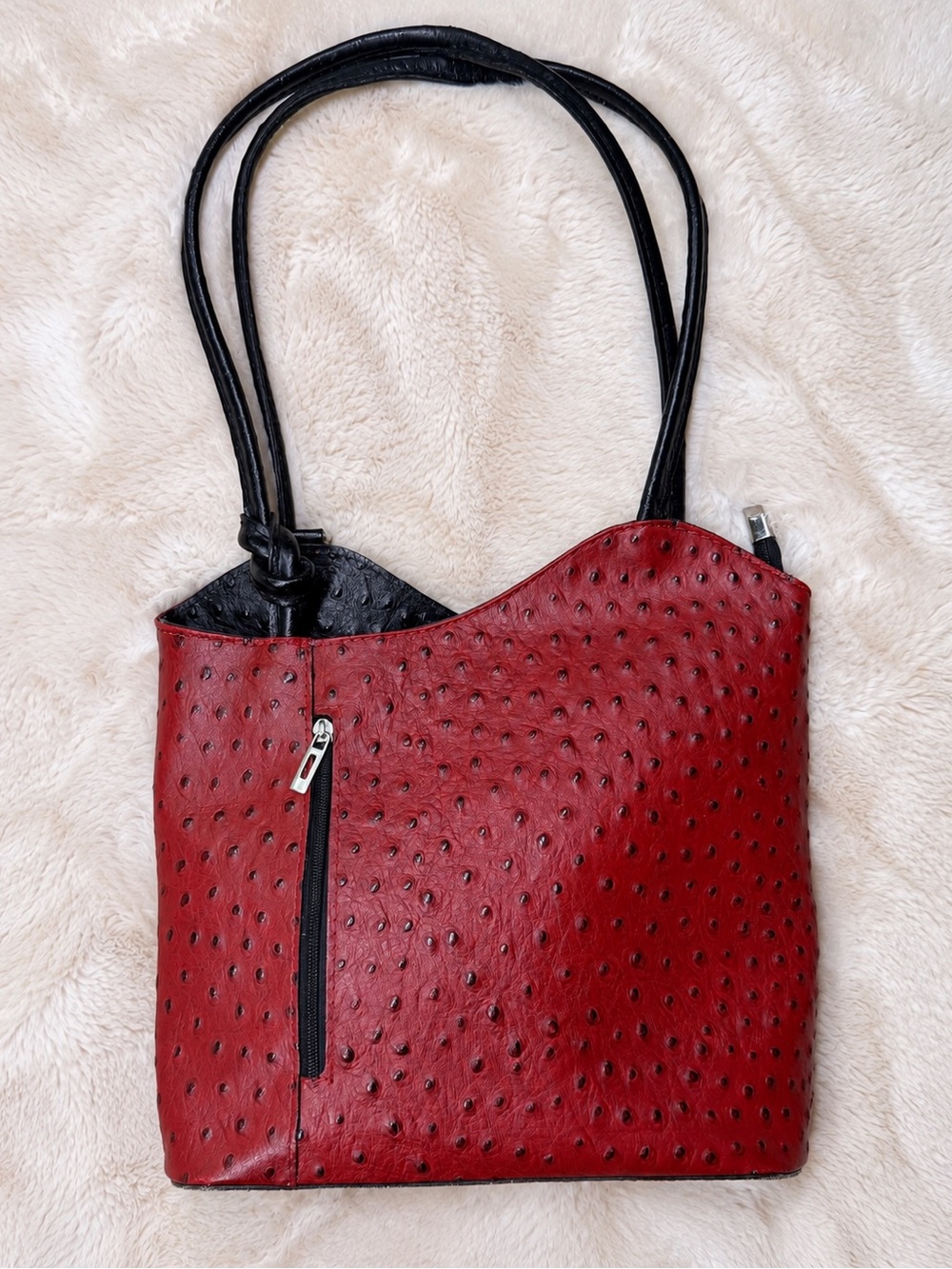 Made in Italy Red Genuine Leather Ostrich Embossed Shoulder Tote